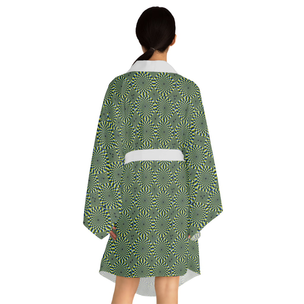 Green Geometric Kimono Robe – All-Over Spiral Pattern Long Sleeve