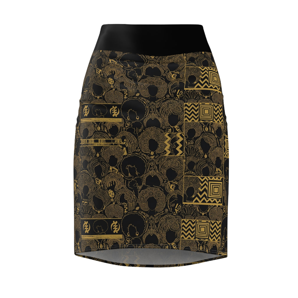 Gold Afro Pattern Pencil Skirt – Vintage Black & Metallic Tribal Print