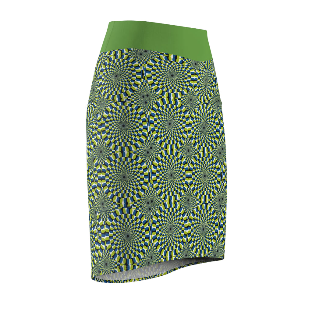 Green Optical Illusion Pencil Skirt — Psychedelic Geometric Print