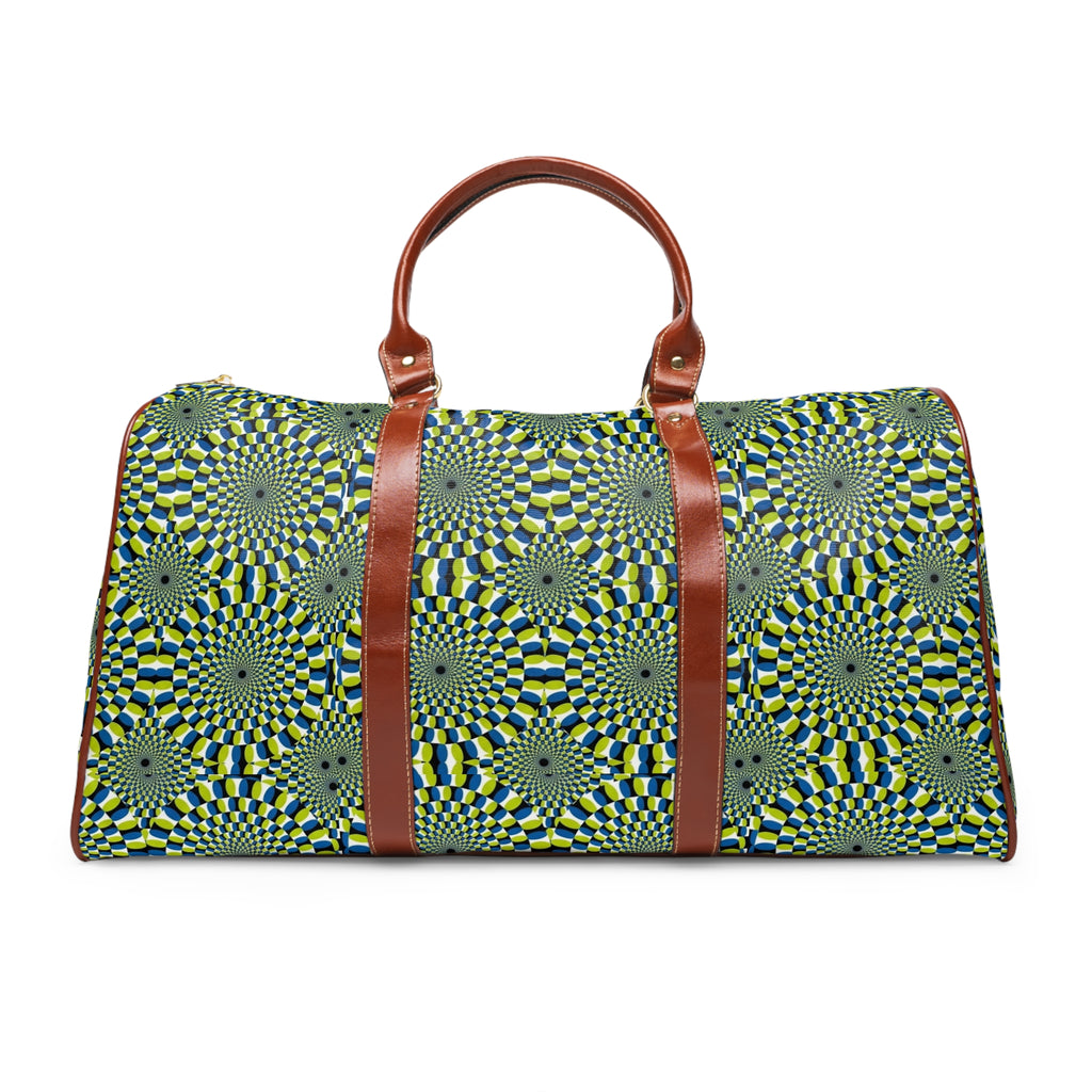 Waterproof Travel Duffle Bag — Green Geometric Optical Pattern, Leather Handles (Weekender)
