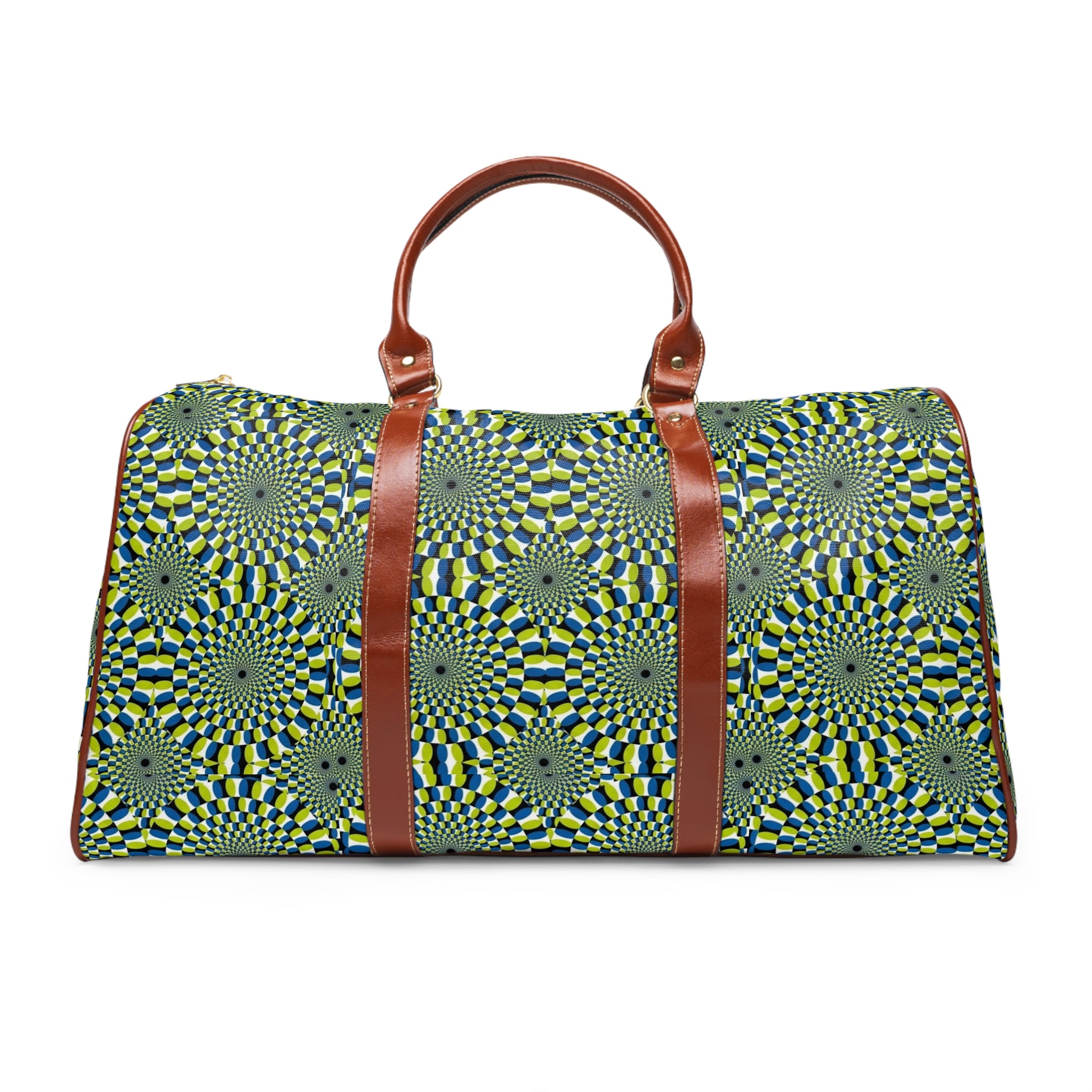 Waterproof Travel Duffle Bag — Green Geometric Optical Pattern, Leather Handles (Weekender)