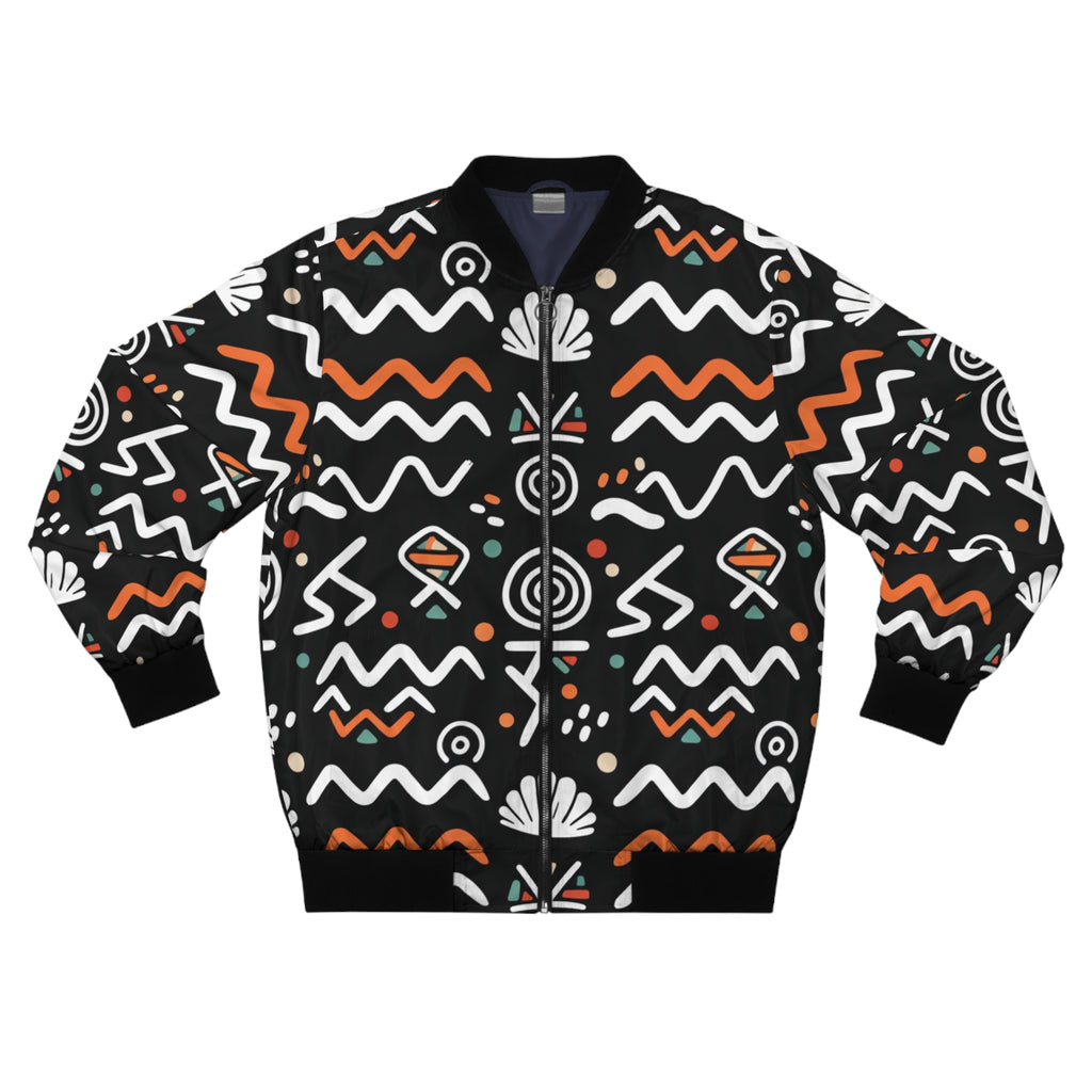 Tribal Wave Bomber Jacket — Black & Orange African Motif AOP