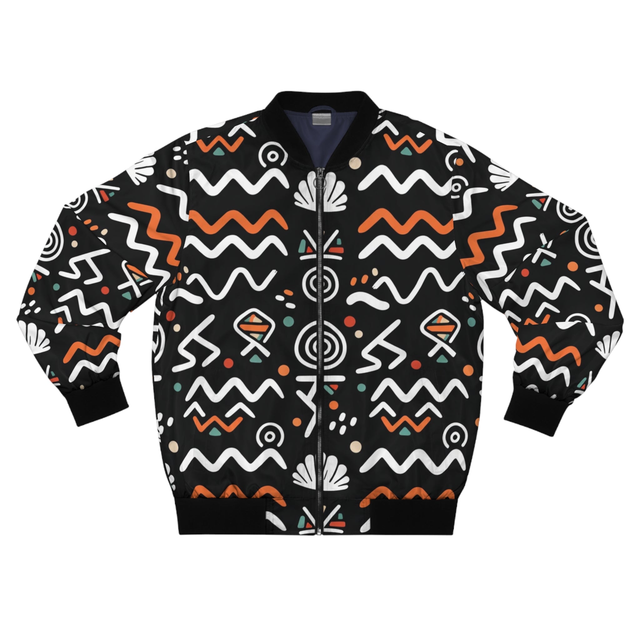 Tribal Wave Bomber Jacket — Black & Orange African Motif AOP