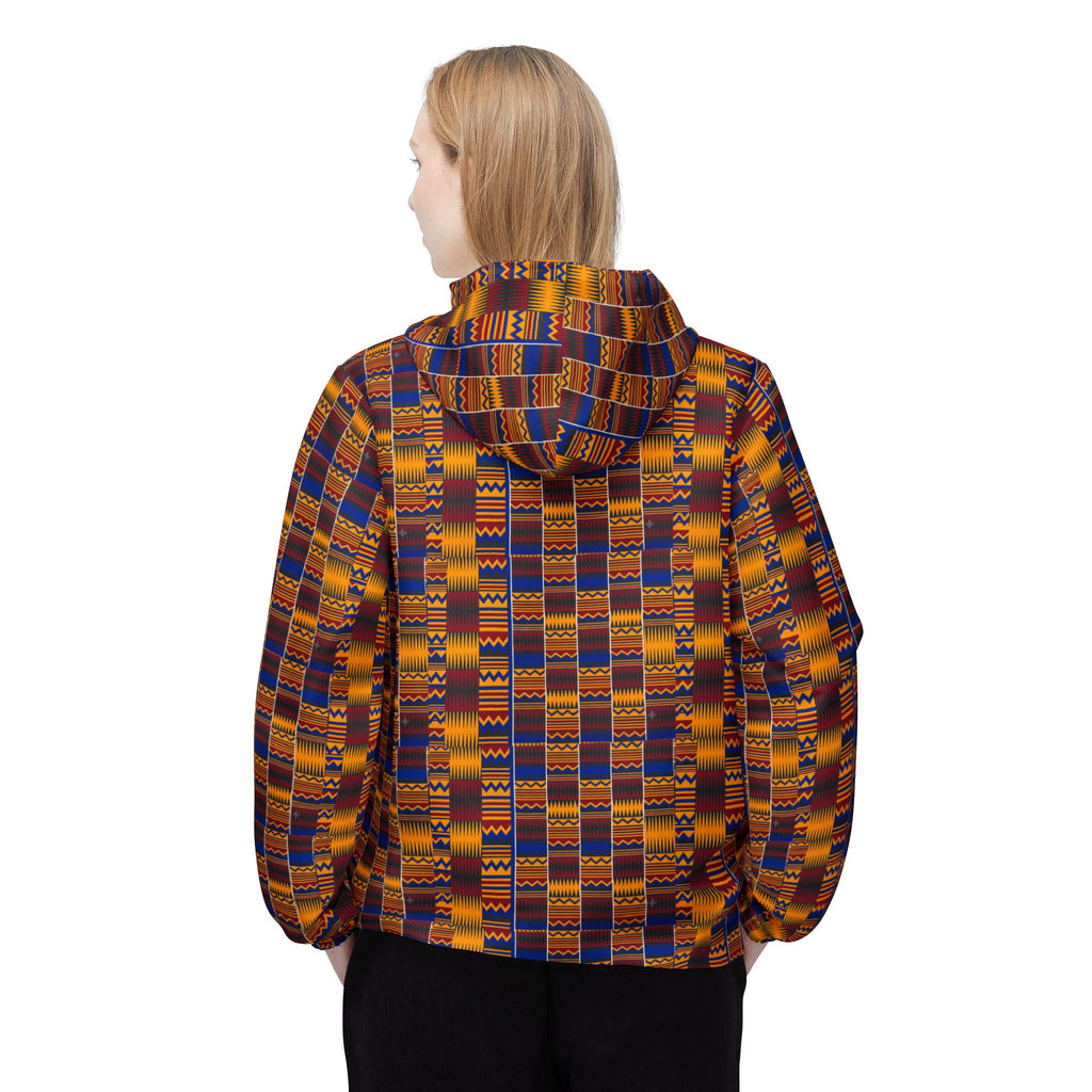 Kente Pattern Windbreaker Jacket – African-Inspired Lightweight Hooded Jacket
