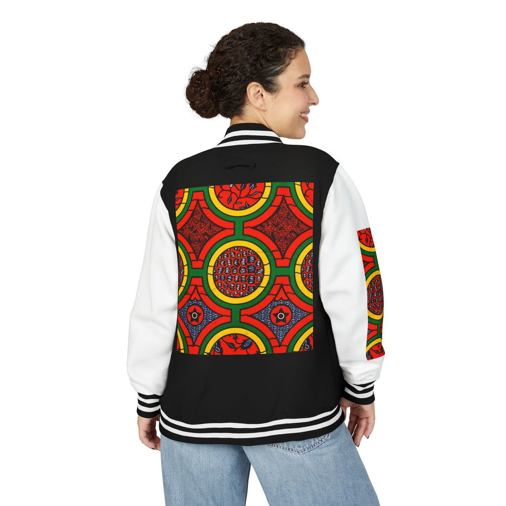 Retro African Wax Print Letterman Jacket - Bold Red & Green Pattern