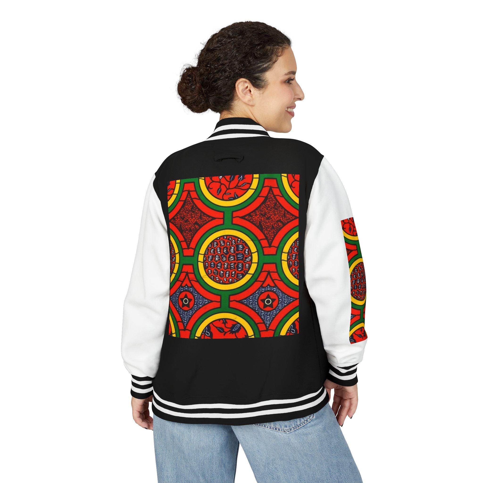 Retro African Wax Print Letterman Jacket - Bold Red & Green Pattern