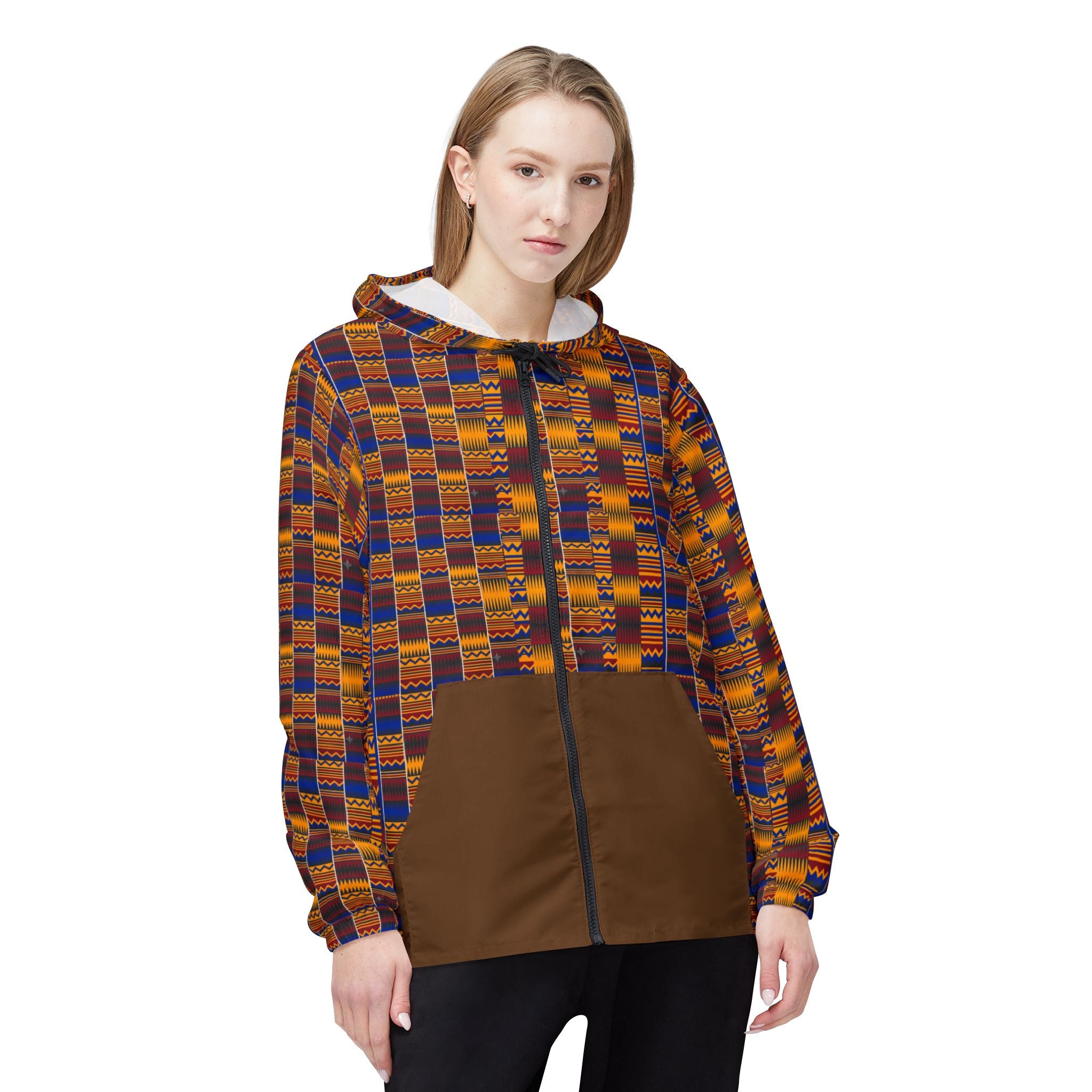 Kente Pattern Windbreaker Jacket – African-Inspired Lightweight Hooded Jacket