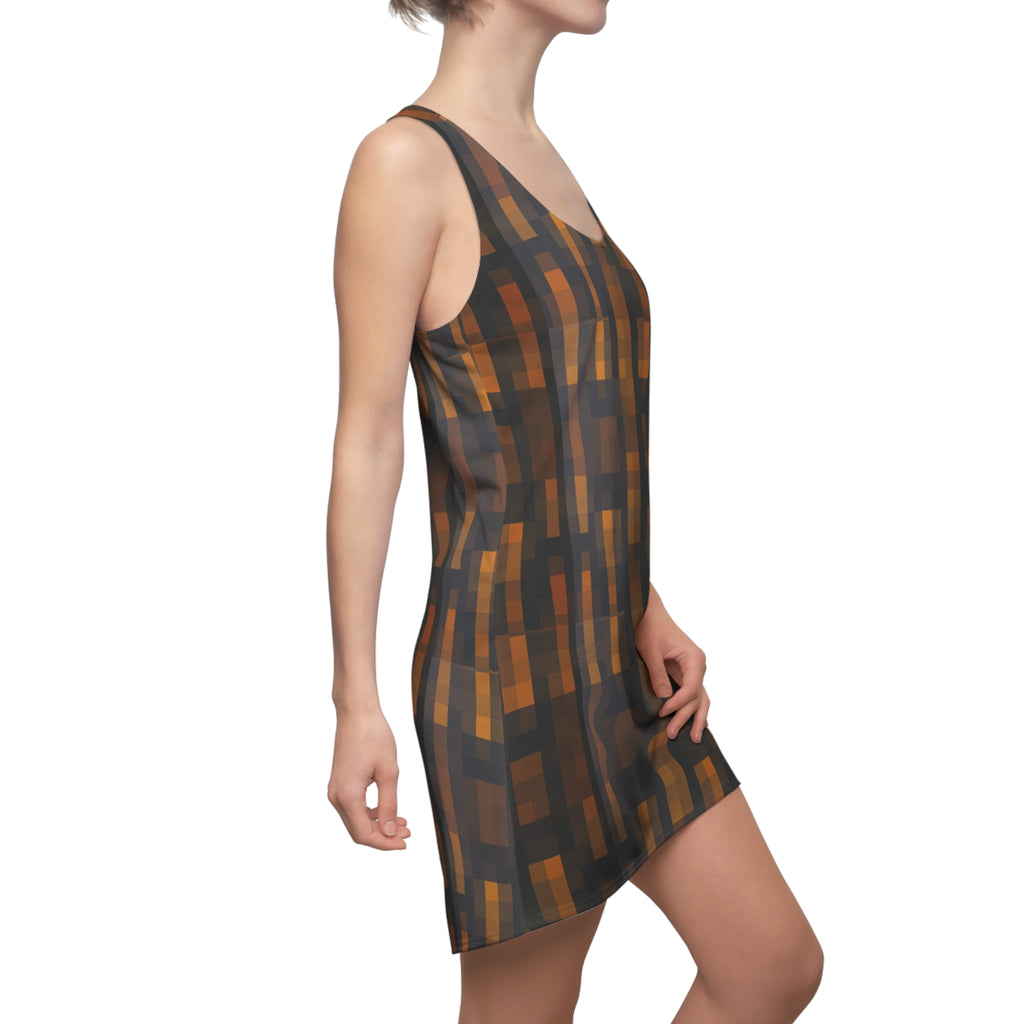 Autumn Grid Racerback Dress — Warm Plaid AOP Bodycon