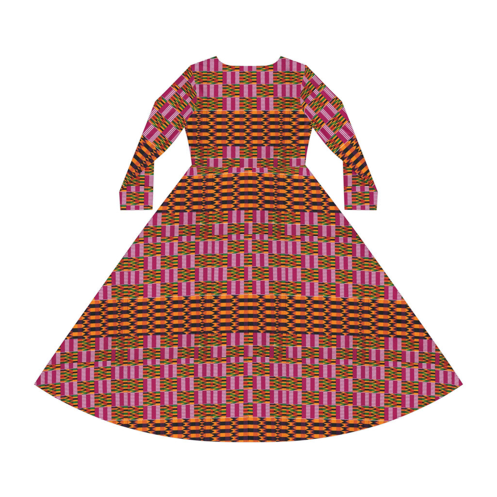 African-Inspired Long Sleeve Dance Dress — Pink & Orange Geometric AOP