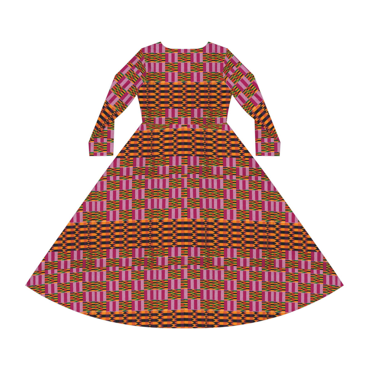 African-Inspired Long Sleeve Dance Dress — Pink & Orange Geometric AOP