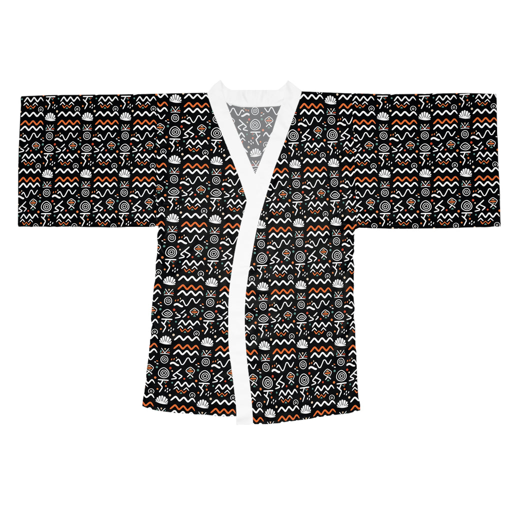 Tribal Pattern Kimono Robe — Black & Orange All-Over Print