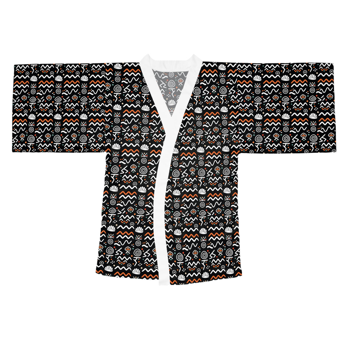 Tribal Pattern Kimono Robe — Black & Orange All-Over Print