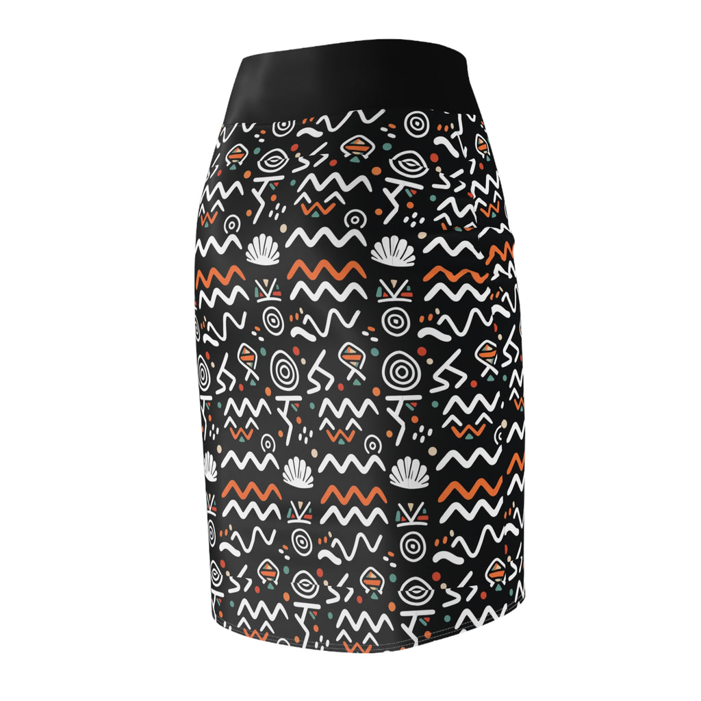 Tribal Waves Pencil Skirt — Black Geometric Patterned Women's Skirt