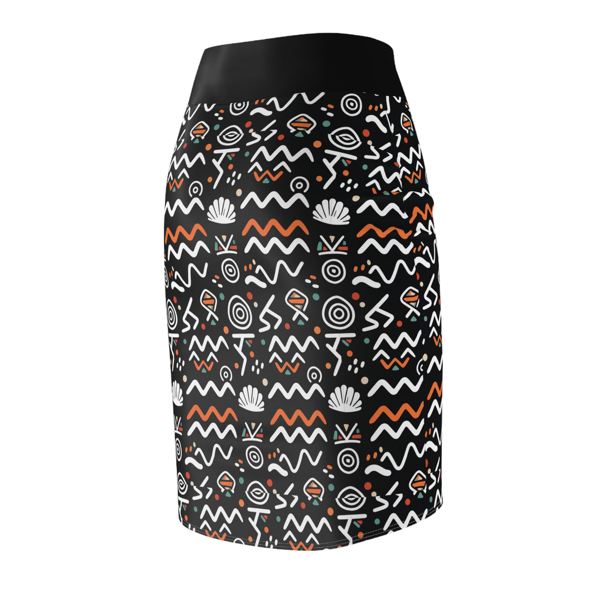 Tribal Waves Pencil Skirt — Black Geometric Patterned Women's Skirt