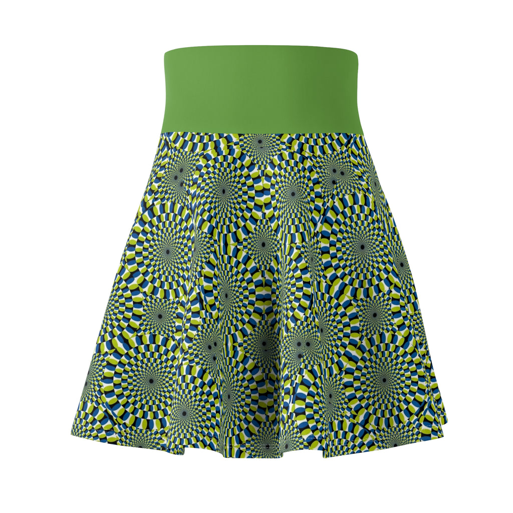 Optical Illusion Skater Skirt — Green Psychedelic Spiral Print