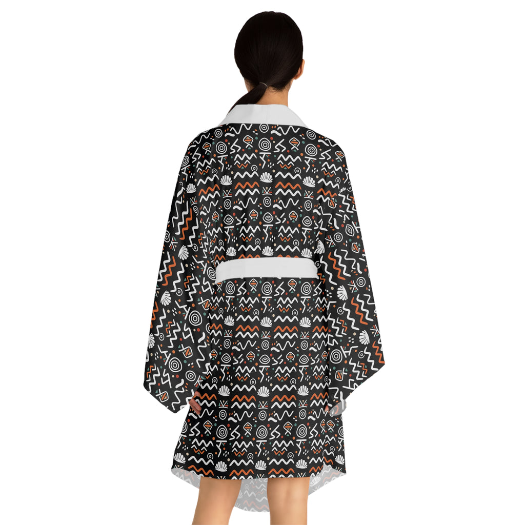 Tribal Pattern Kimono Robe — Black & Orange All-Over Print