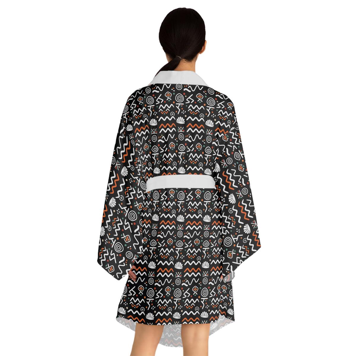 Tribal Pattern Kimono Robe — Black & Orange All-Over Print