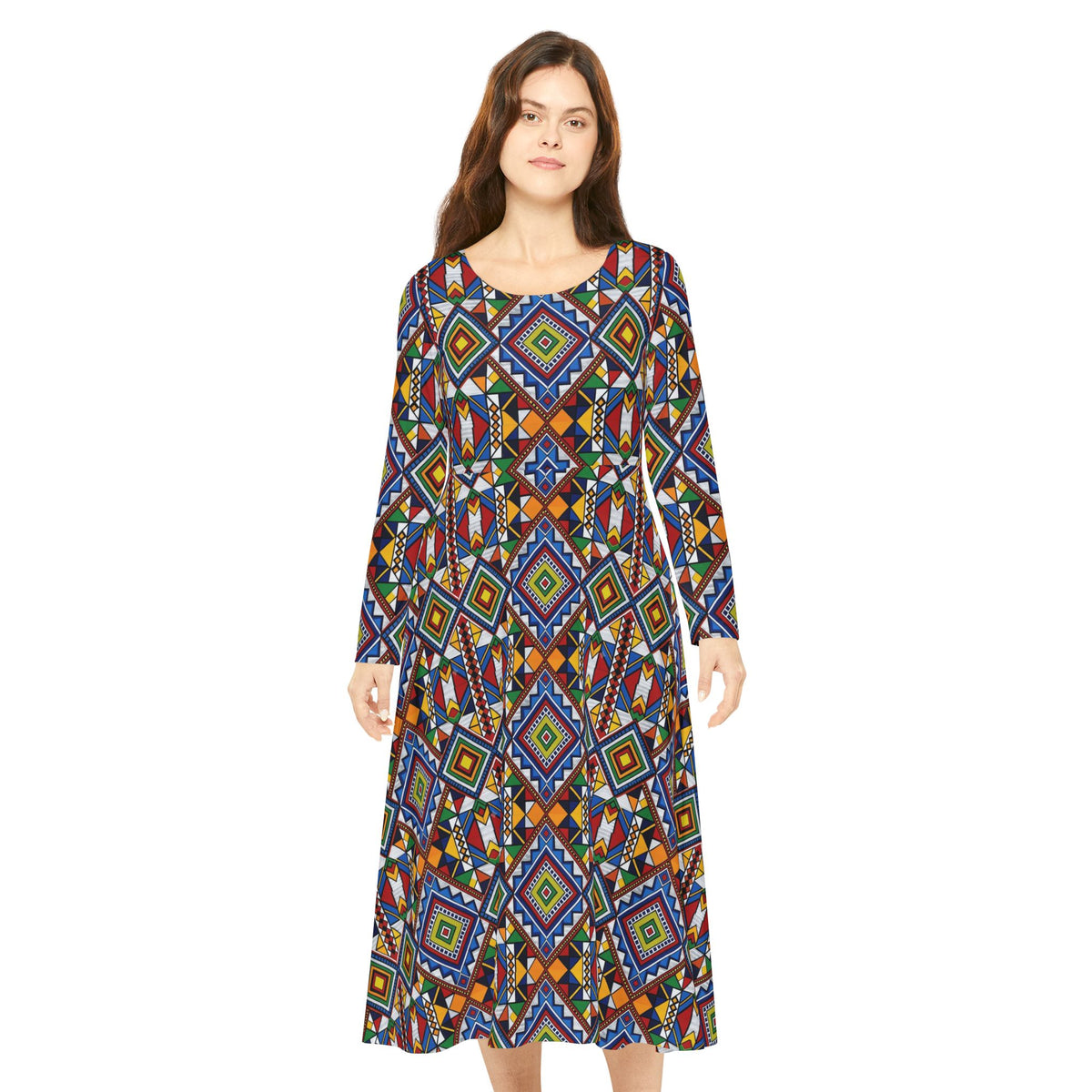 Bohemian Geometric Maxi Dress - Long Sleeve AOP Dance Dress