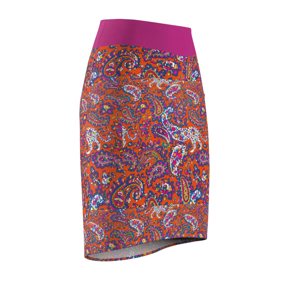 Vibrant Paisley Pencil Skirt — Pink Waistband, Retro Boho Print