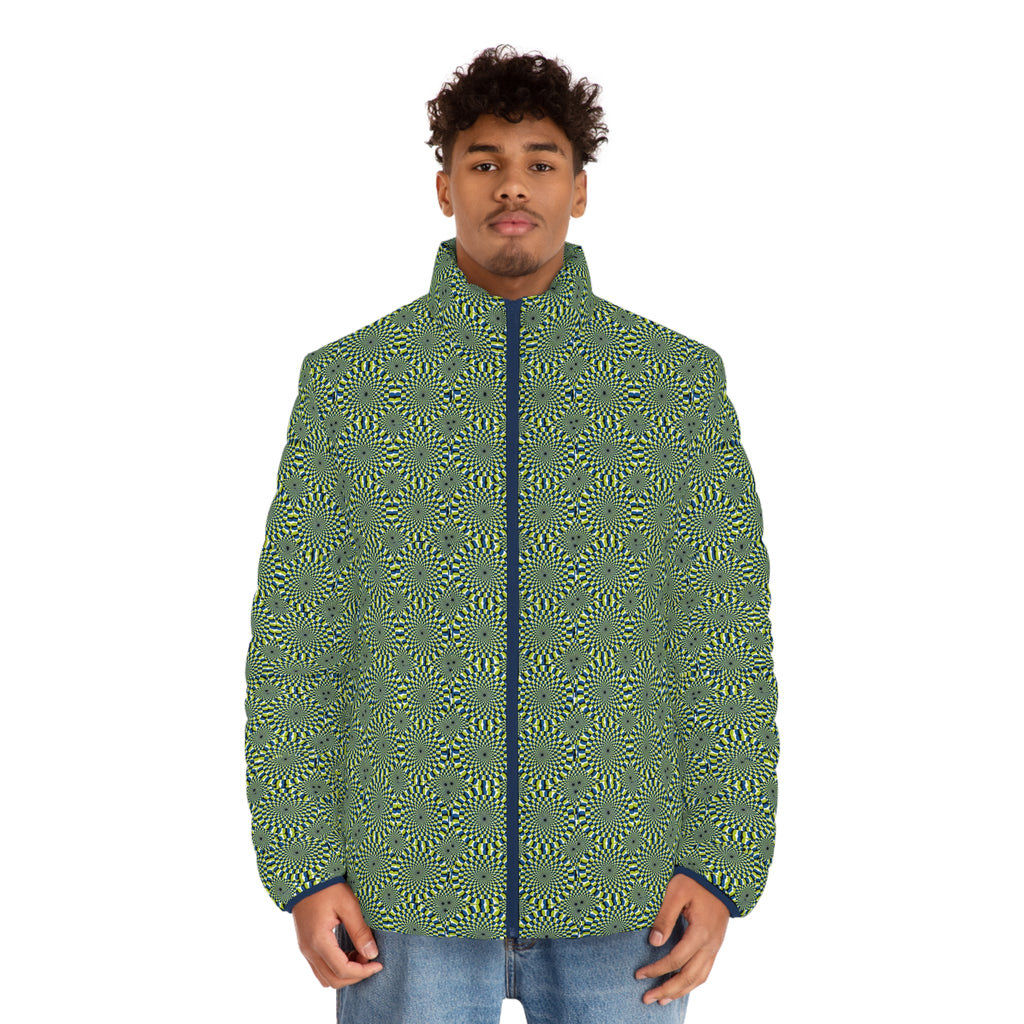 Men's Puffer Jacket — Green Spiral Geometric All-Over Print