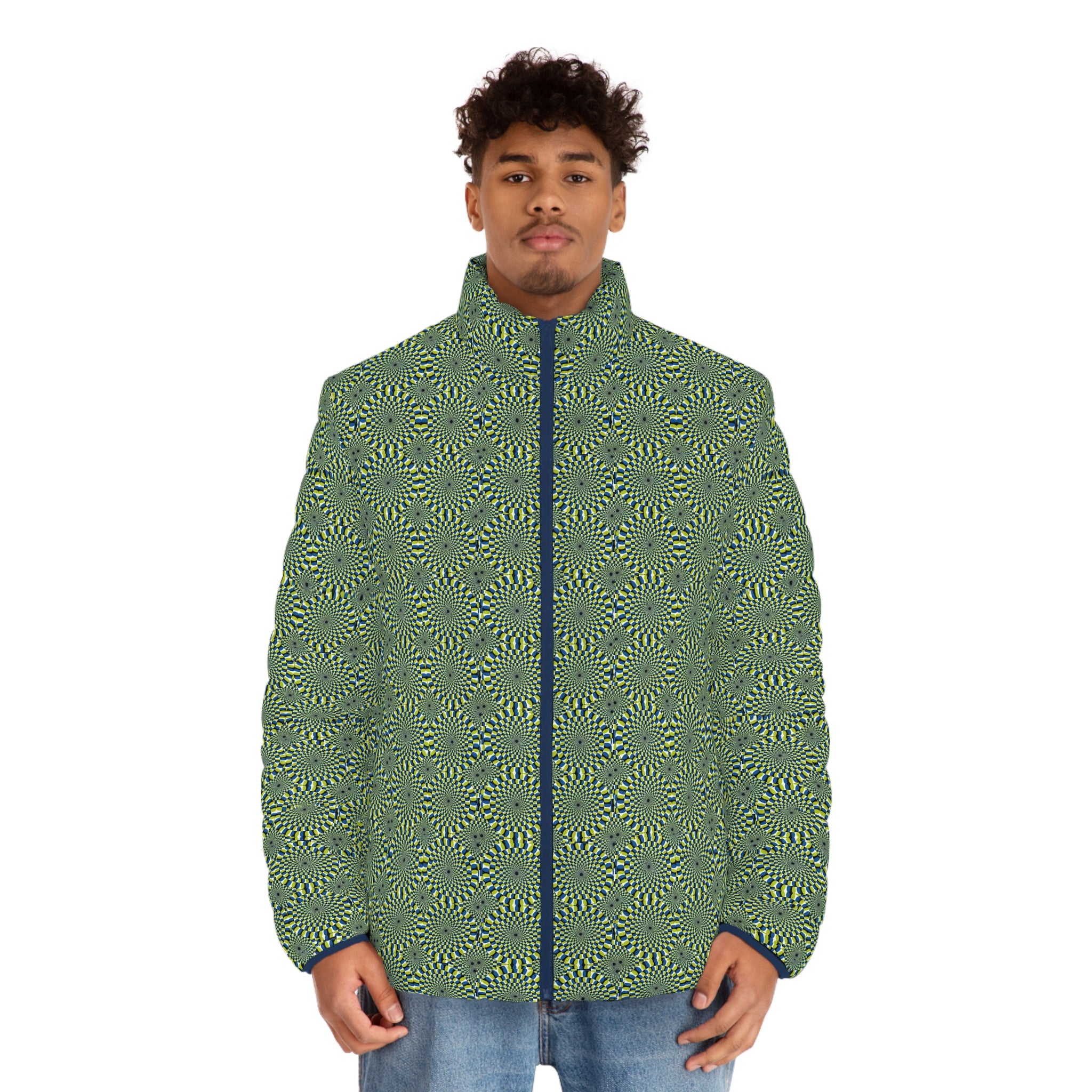 Men's Puffer Jacket — Green Spiral Geometric All-Over Print