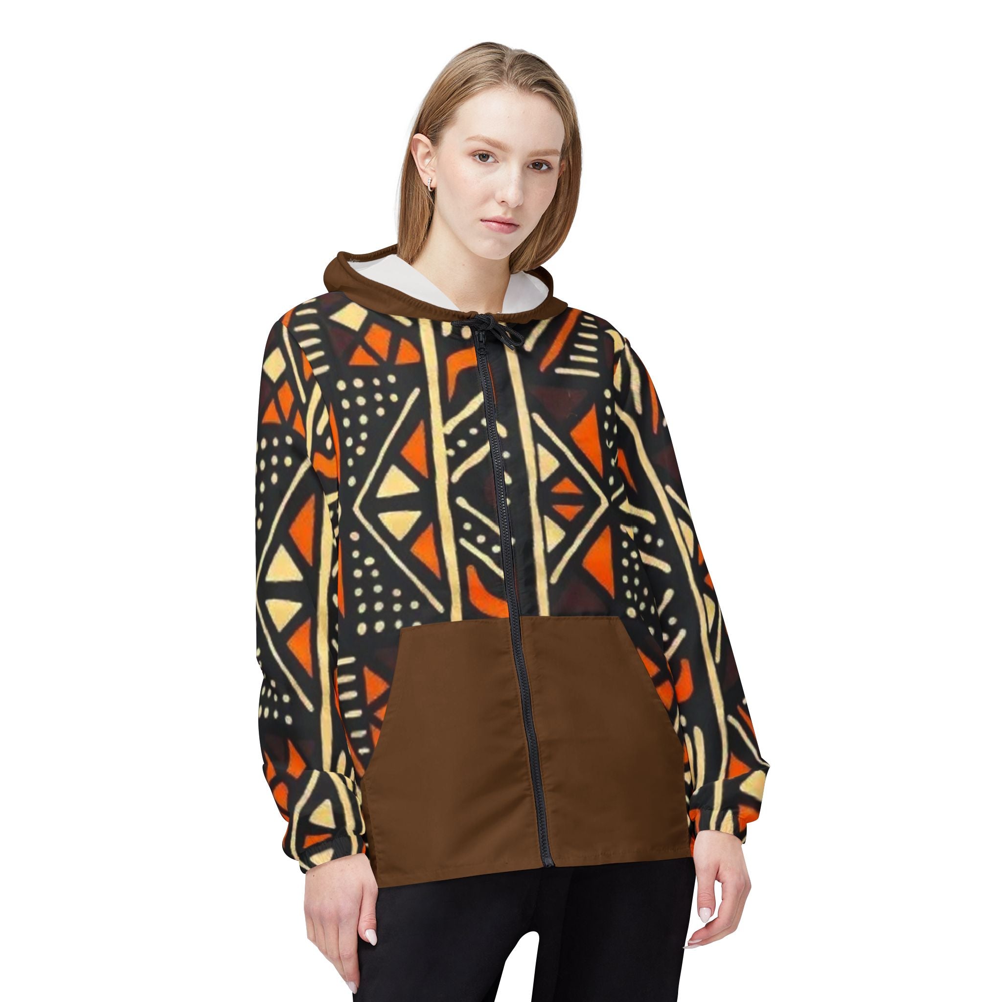 African Mudcloth Pattern Windbreaker Jacket – Geometric Tribal Print Hooded Windbreaker