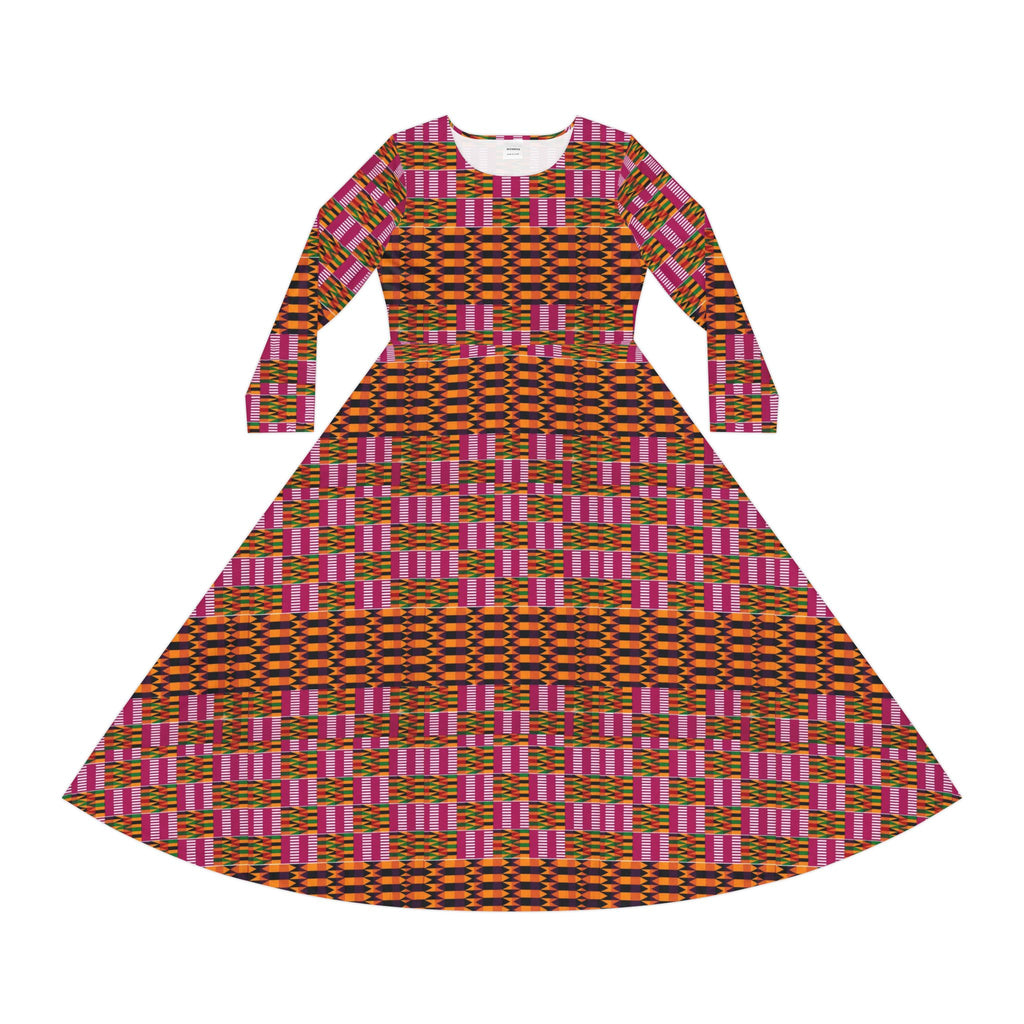 African-Inspired Long Sleeve Dance Dress — Pink & Orange Geometric AOP