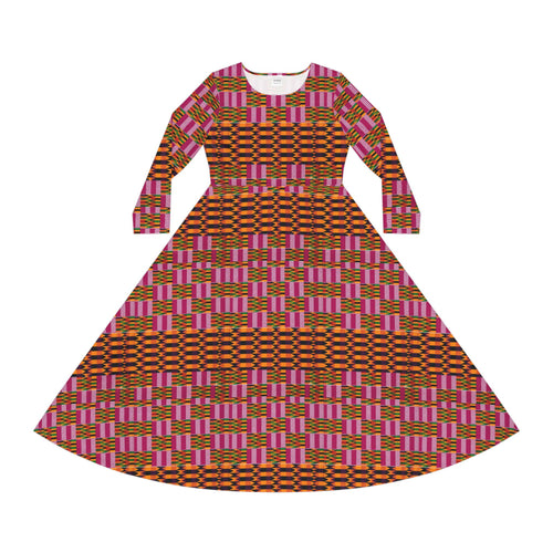 African-Inspired Long Sleeve Dance Dress — Pink & Orange Geometric AOP