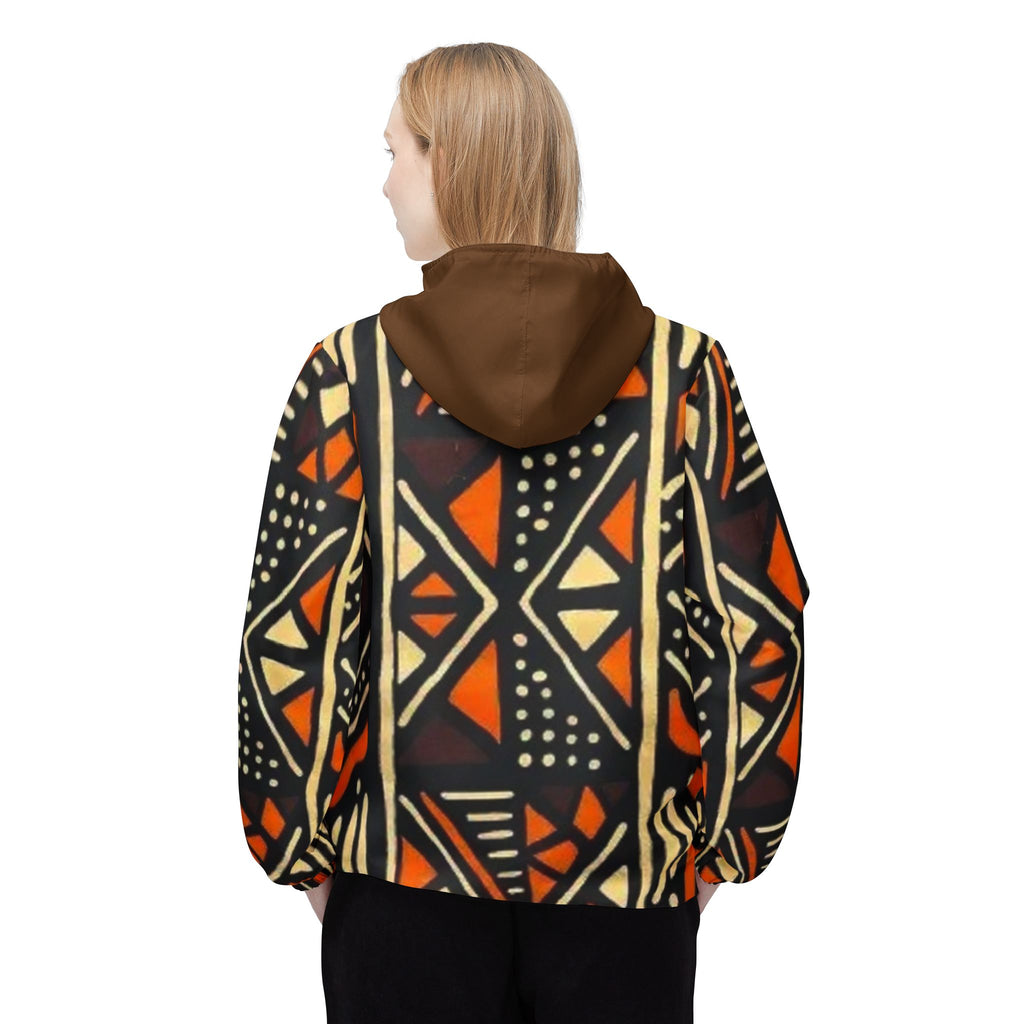 African Mudcloth Pattern Windbreaker Jacket – Geometric Tribal Print Hooded Windbreaker
