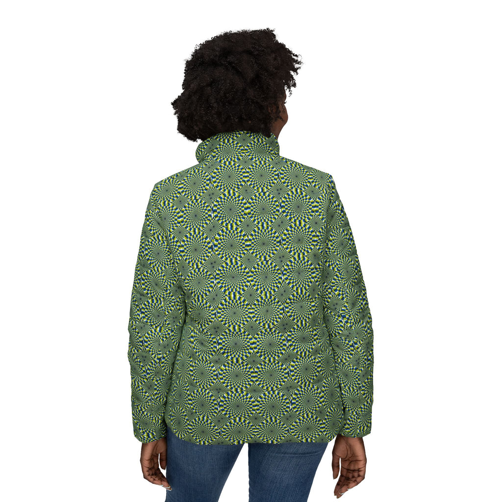 Women’s Puffer Jacket — Olive Green Spiral Floral All-Over Print