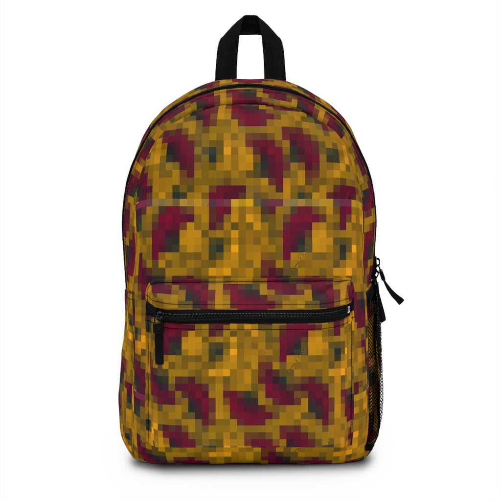 Pixel Camo Backpack — Maroon & Mustard Urban Camouflage Daypack