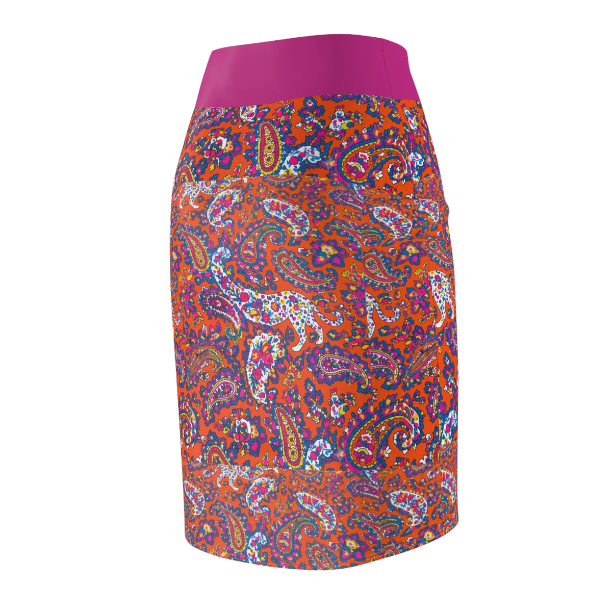 Vibrant Paisley Pencil Skirt — Pink Waistband, Retro Boho Print