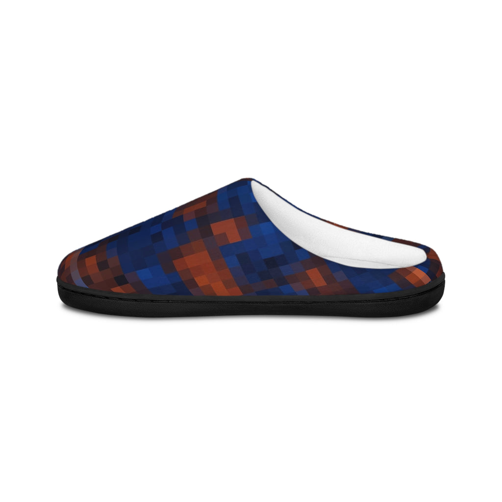 Pixel Plaid Men's Indoor Slippers — Cozy Blue & Rust Check Pattern