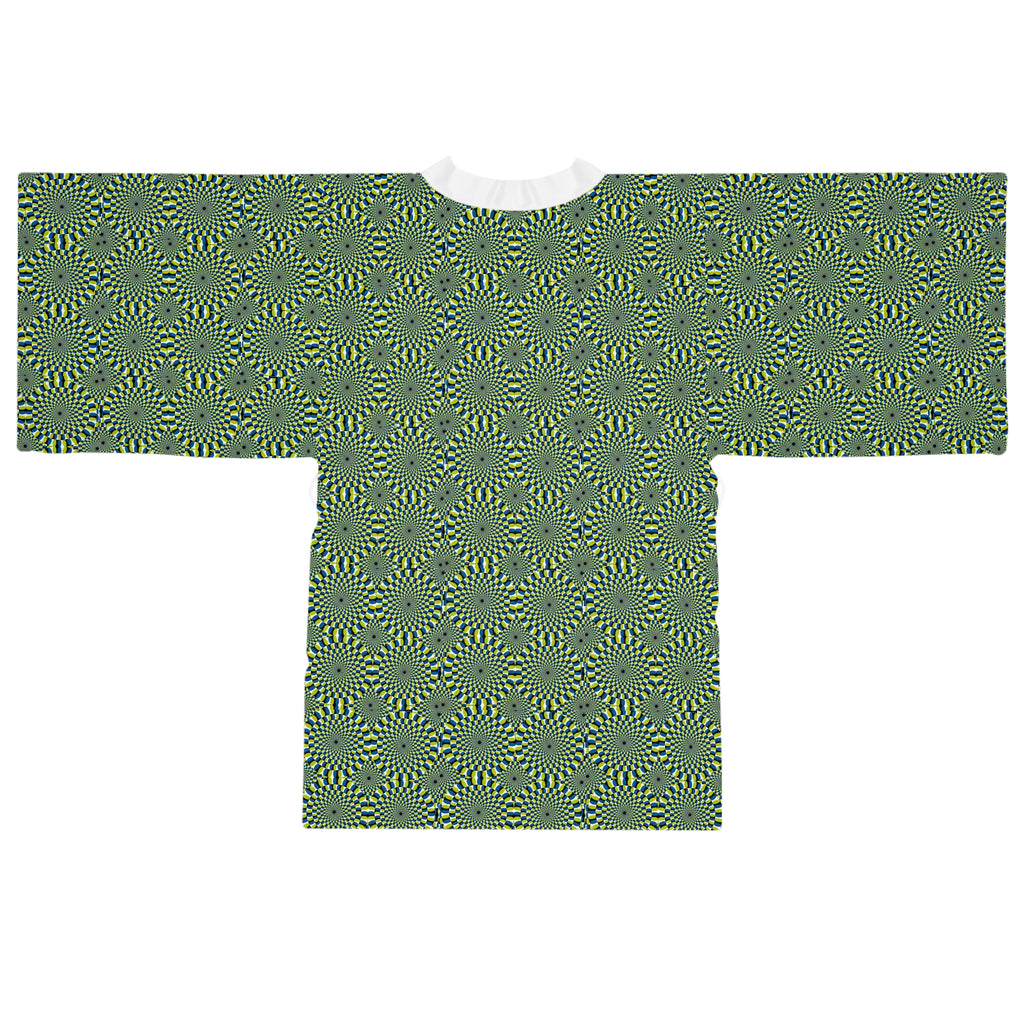 Green Geometric Kimono Robe – All-Over Spiral Pattern Long Sleeve