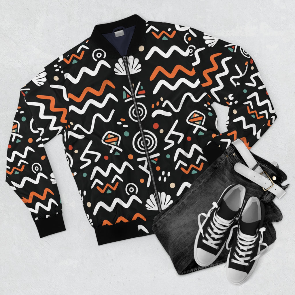 Tribal Wave Bomber Jacket — Black & Orange African Motif AOP