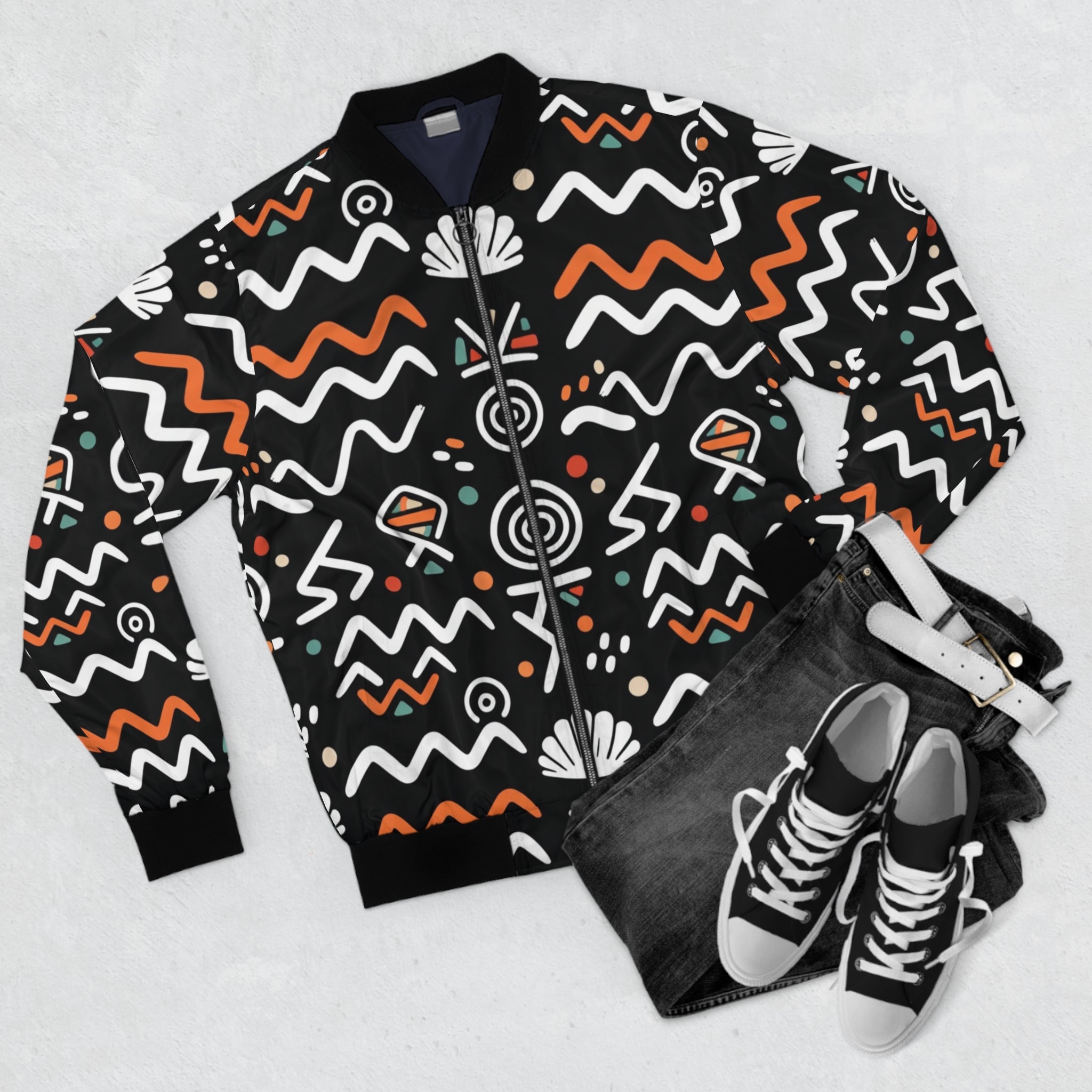 Tribal Wave Bomber Jacket — Black & Orange African Motif AOP