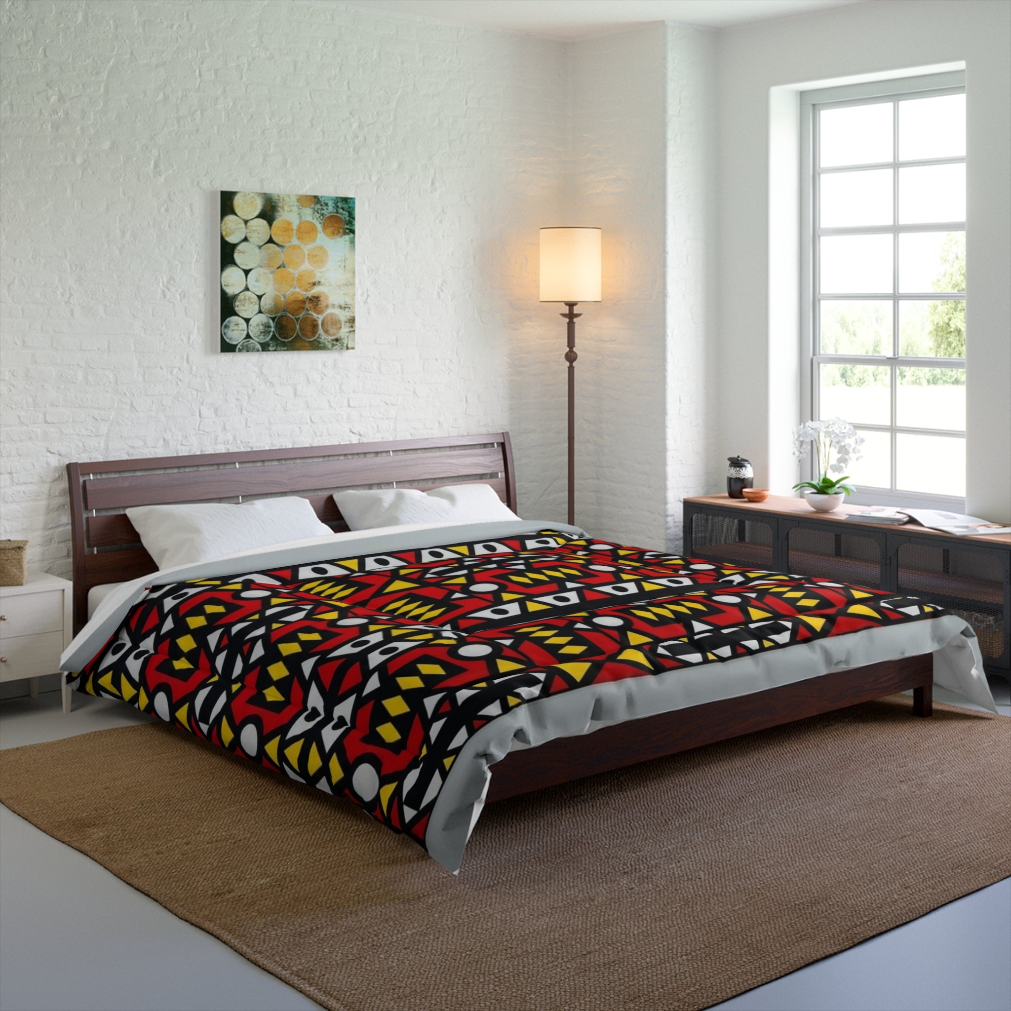 Geometric Tribal Comforter — Bold Red, Yellow & Black Pattern