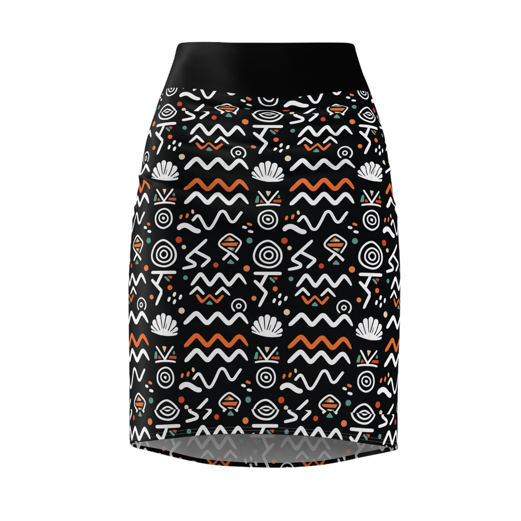 Tribal Waves Pencil Skirt — Black Geometric Patterned Women's Skirt