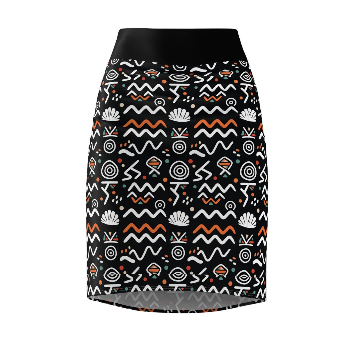Tribal Waves Pencil Skirt — Black Geometric Patterned Women's Skirt