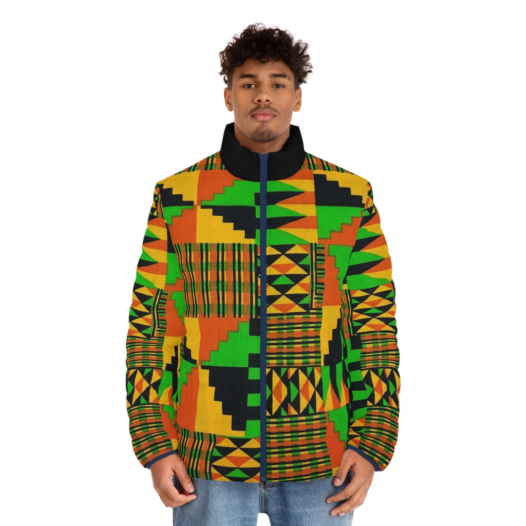 Kente Print Men's Puffer Jacket – Vibrant African Pattern Winter Coat