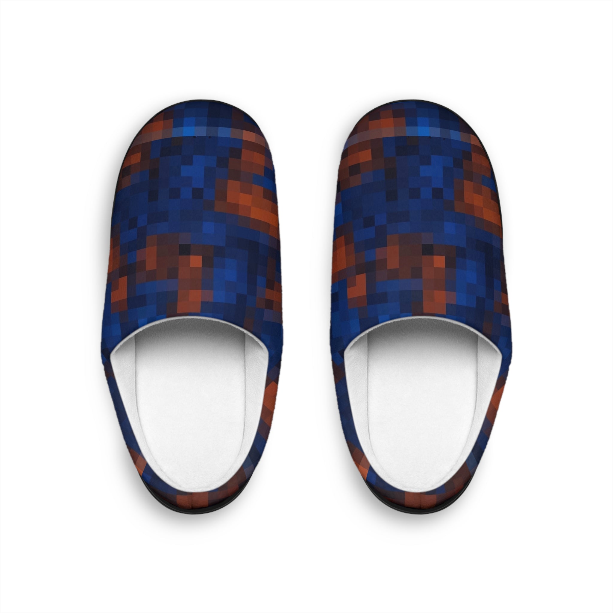 Pixel Plaid Men's Indoor Slippers — Cozy Blue & Rust Check Pattern