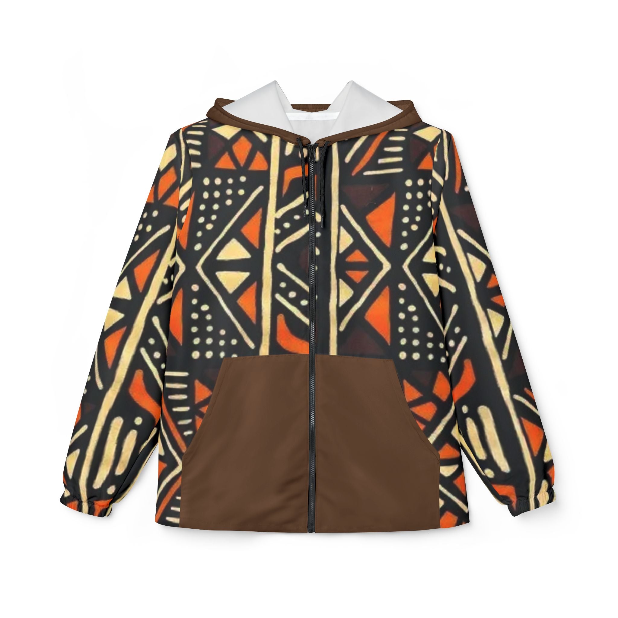 African Mudcloth Pattern Windbreaker Jacket – Geometric Tribal Print Hooded Windbreaker