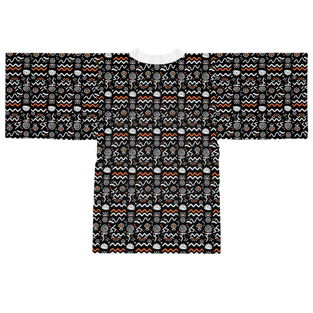 Tribal Pattern Kimono Robe — Black & Orange All-Over Print