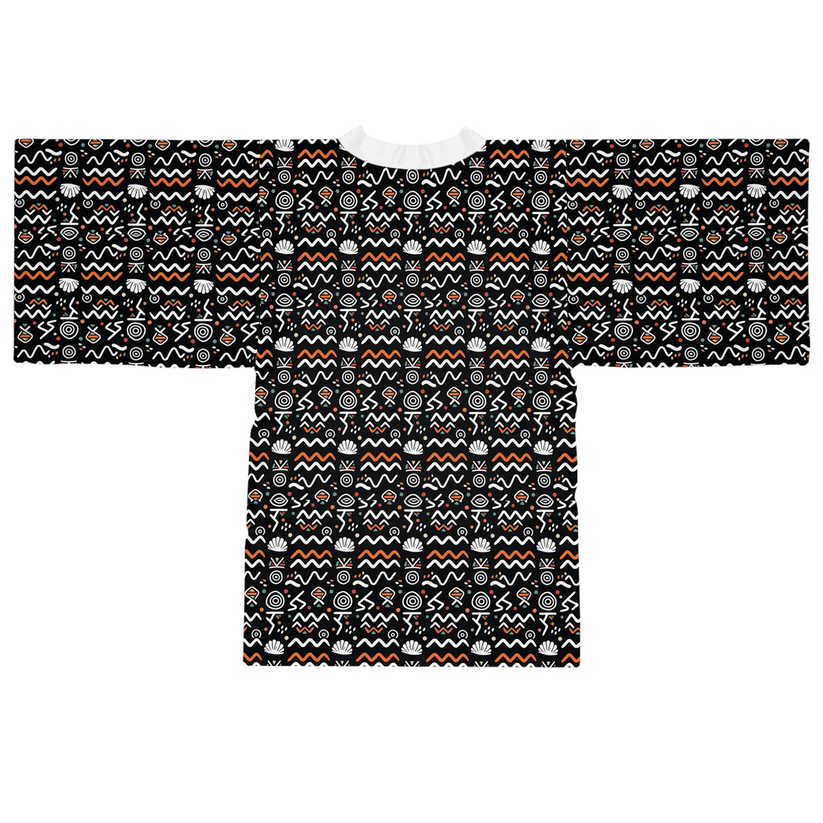 Tribal Pattern Kimono Robe — Black & Orange All-Over Print