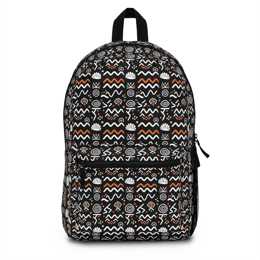 Tribal Geo Print Backpack – Black & Orange Patterned School Bag