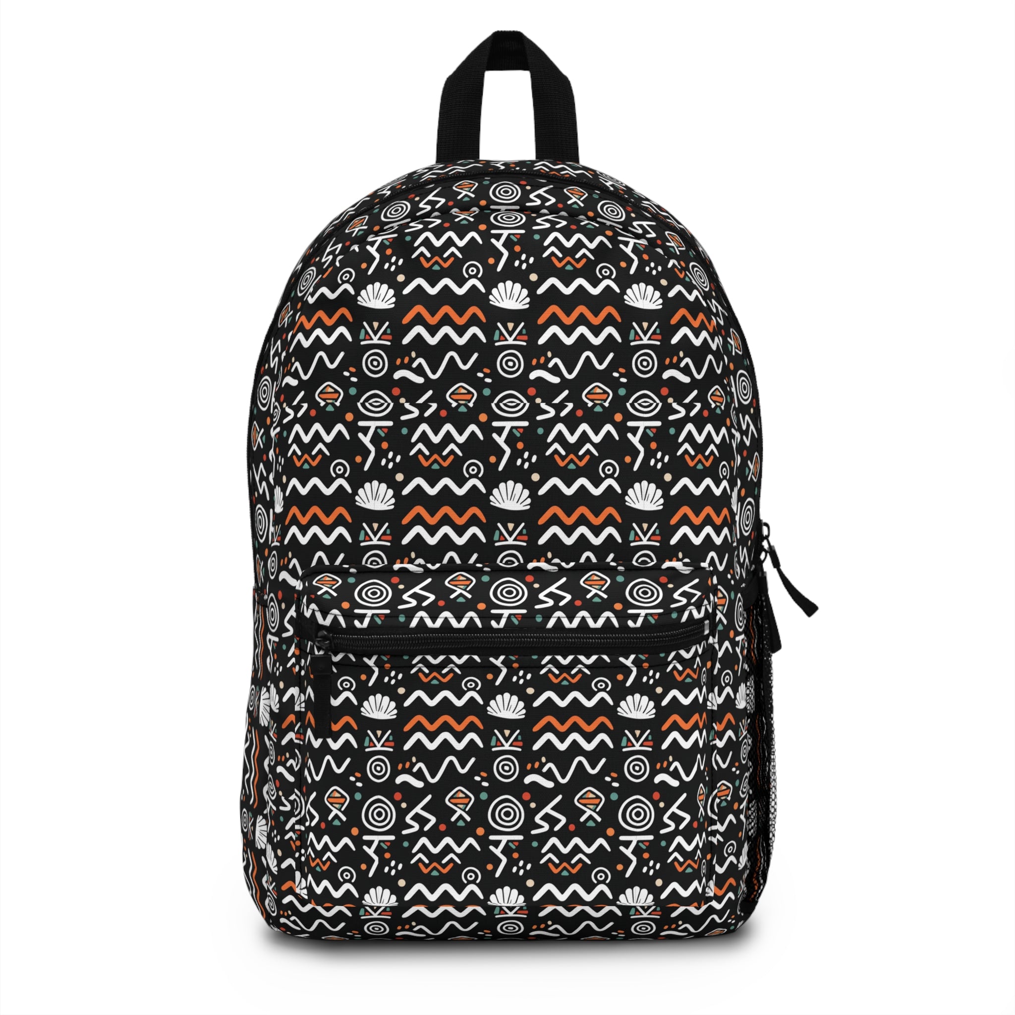 Tribal Geo Print Backpack – Black & Orange Patterned School Bag