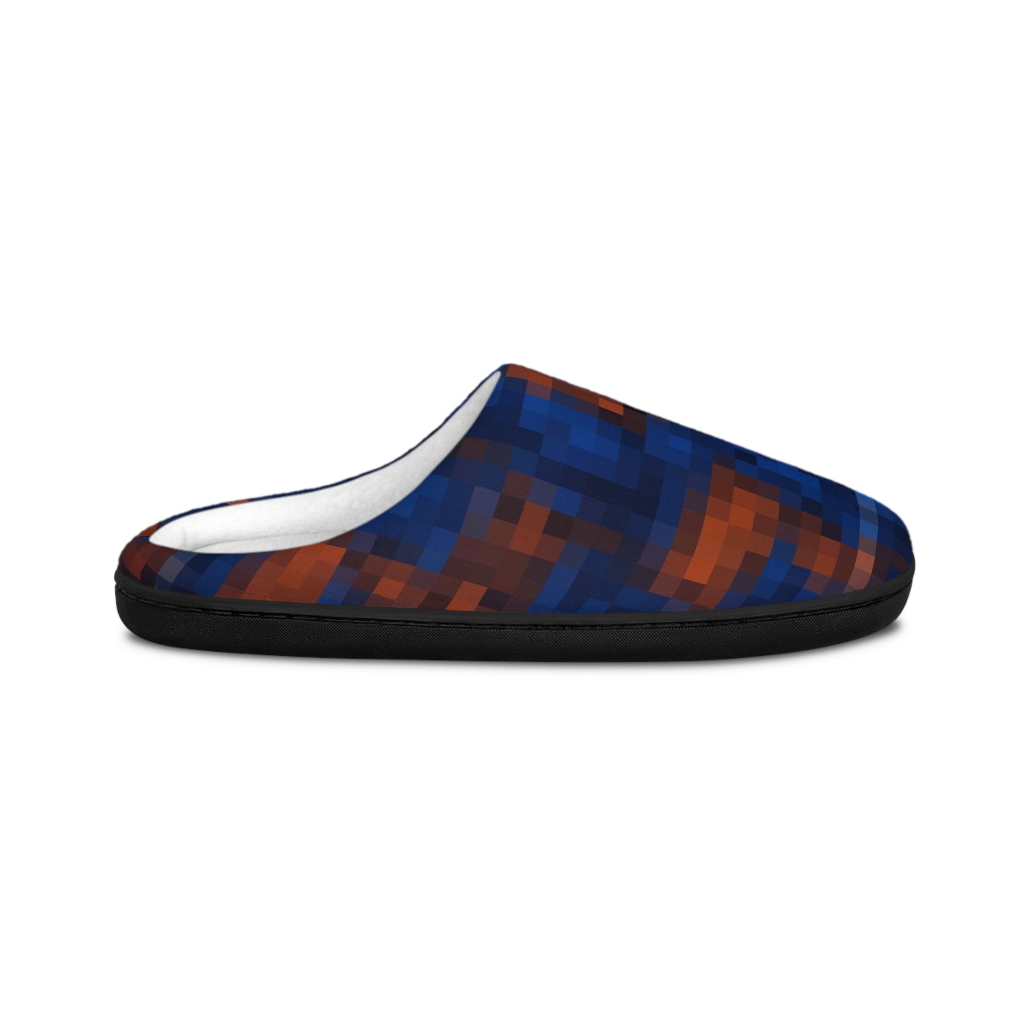 Pixel Plaid Men's Indoor Slippers — Cozy Blue & Rust Check Pattern