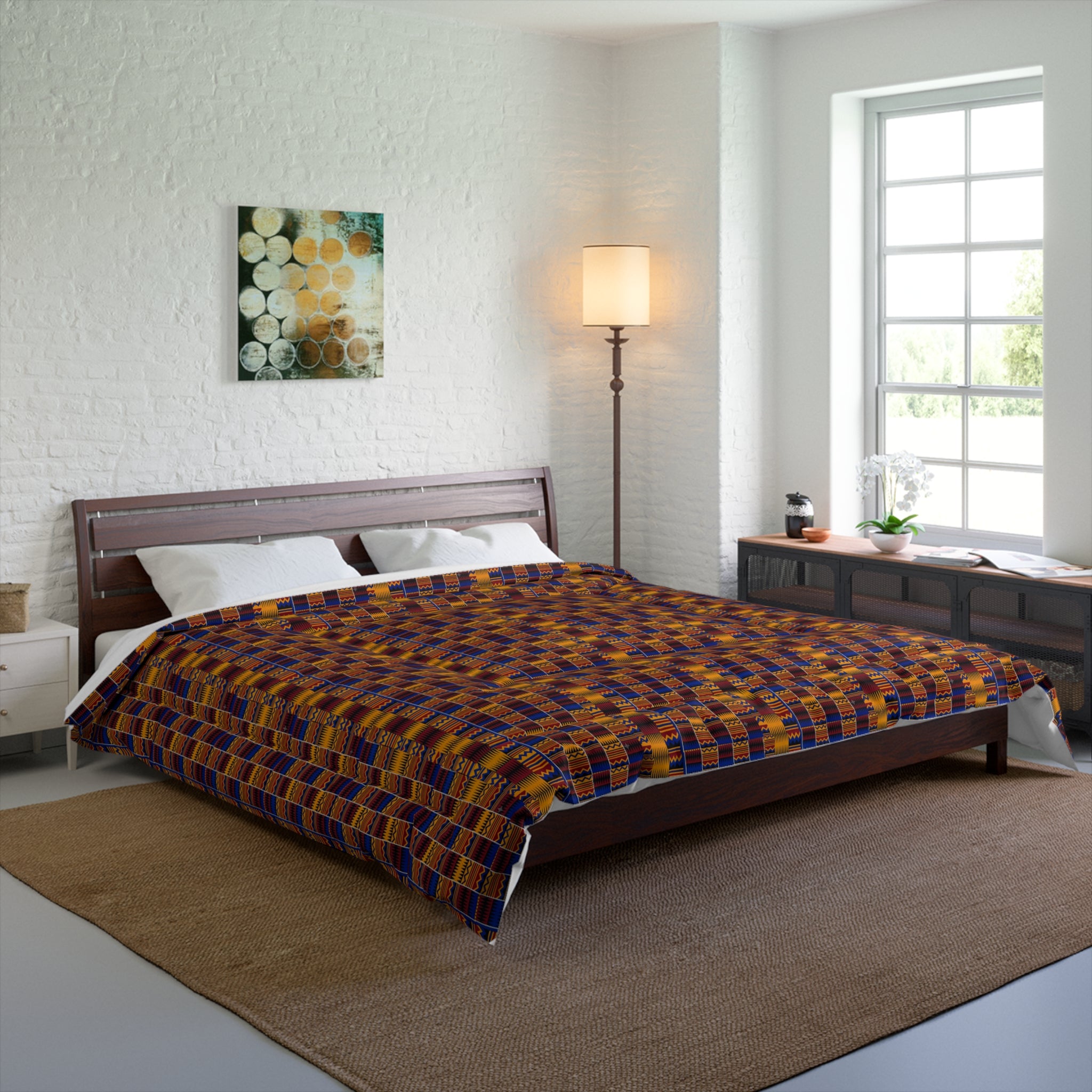Woven Kente-Inspired Comforter — Warm Geometric Pattern Bedspread