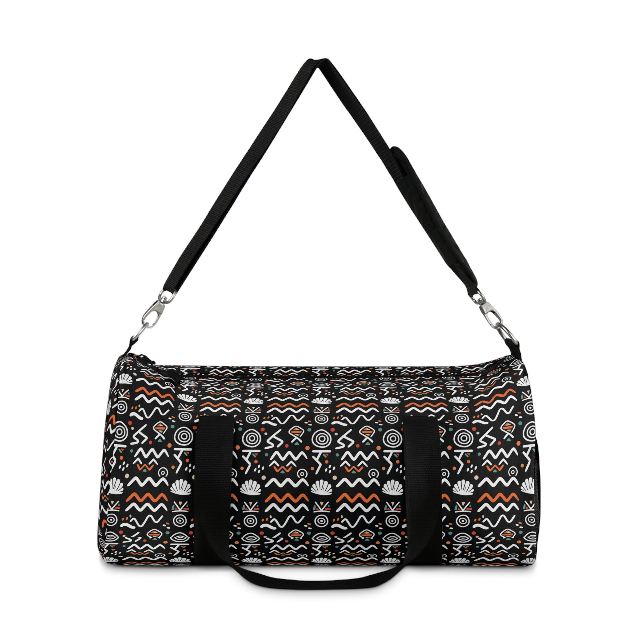 Patterned Tribal Duffel Bag — Black, Orange & White Travel Gym Bag