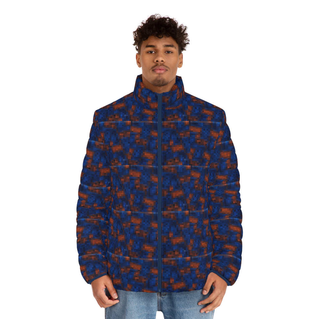 Men's Abstract Blue & Orange Puffer Jacket - All-Over Print Winter Coat